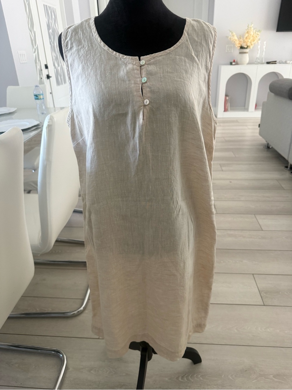 Kenar Sleeveless Linen Shift Dress in Light Beige